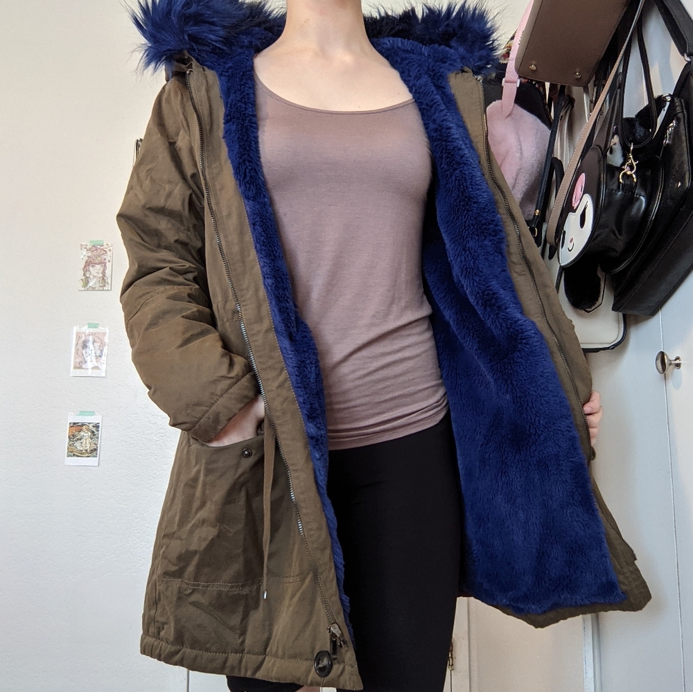 Army Green Coat with Faux Fur Hood